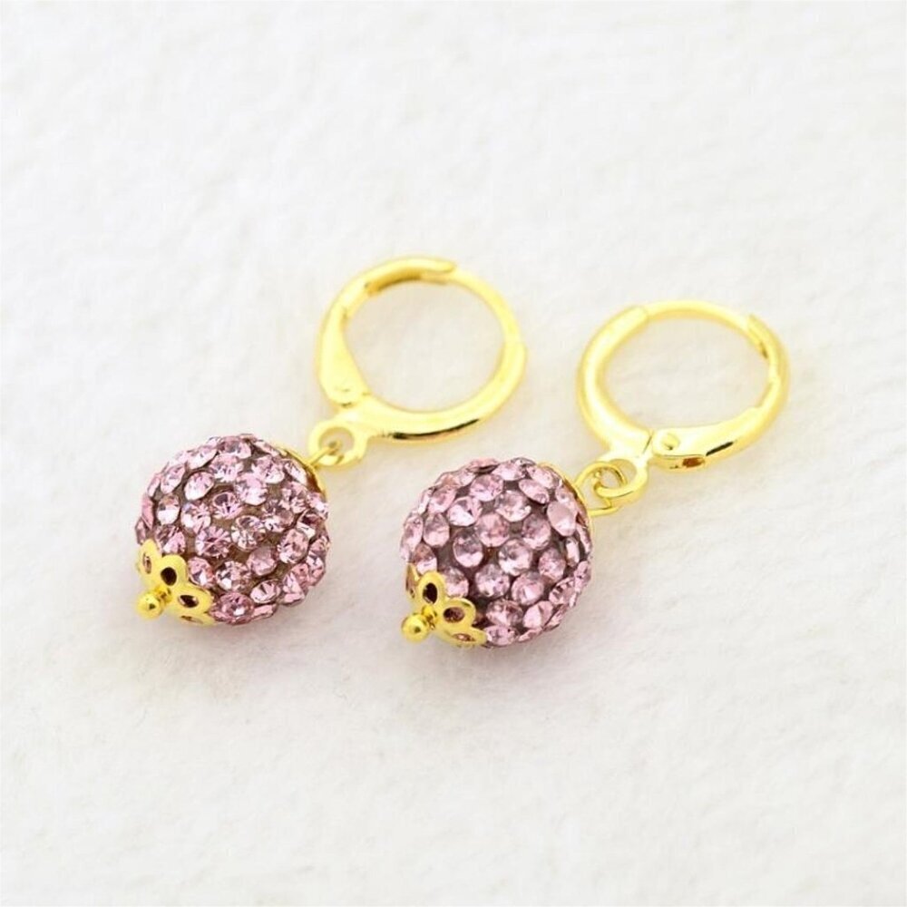 Elegant Light Rose Austrian Crystal Ball Dangle Pink and Gold Earrings